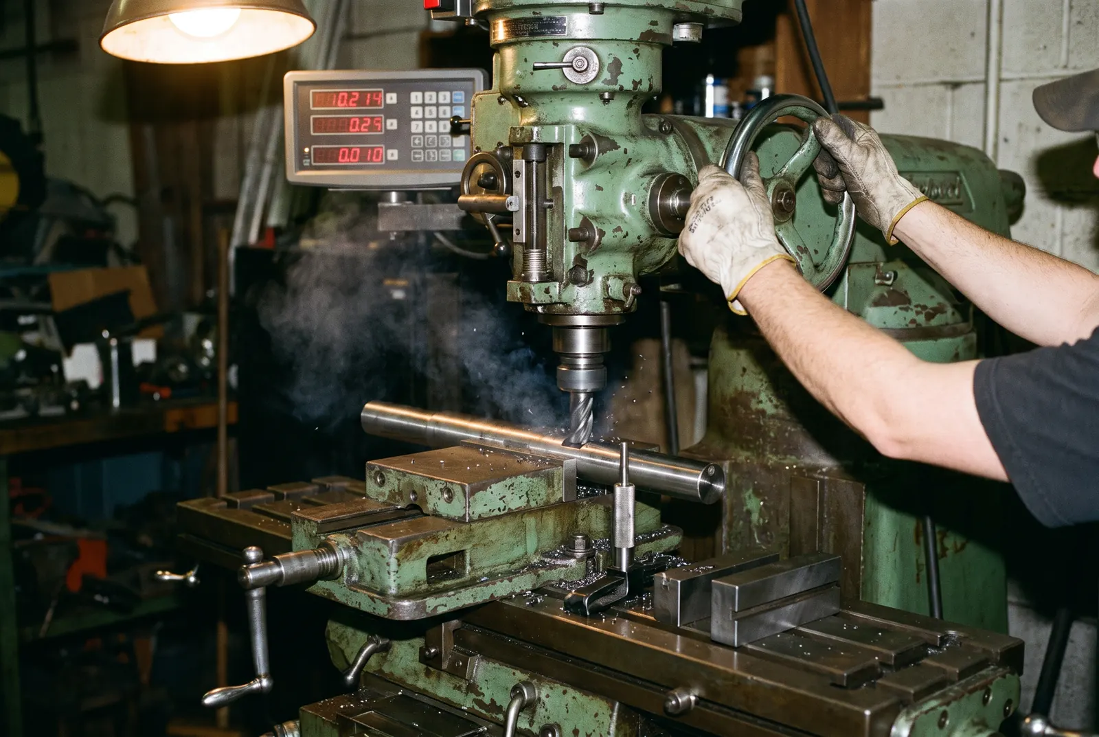 Fraiseuse à genouillère de type Bridgeport avec afficheur numérique, fraisage d'une rainure de clavette dans un arbre tenu à l'étau