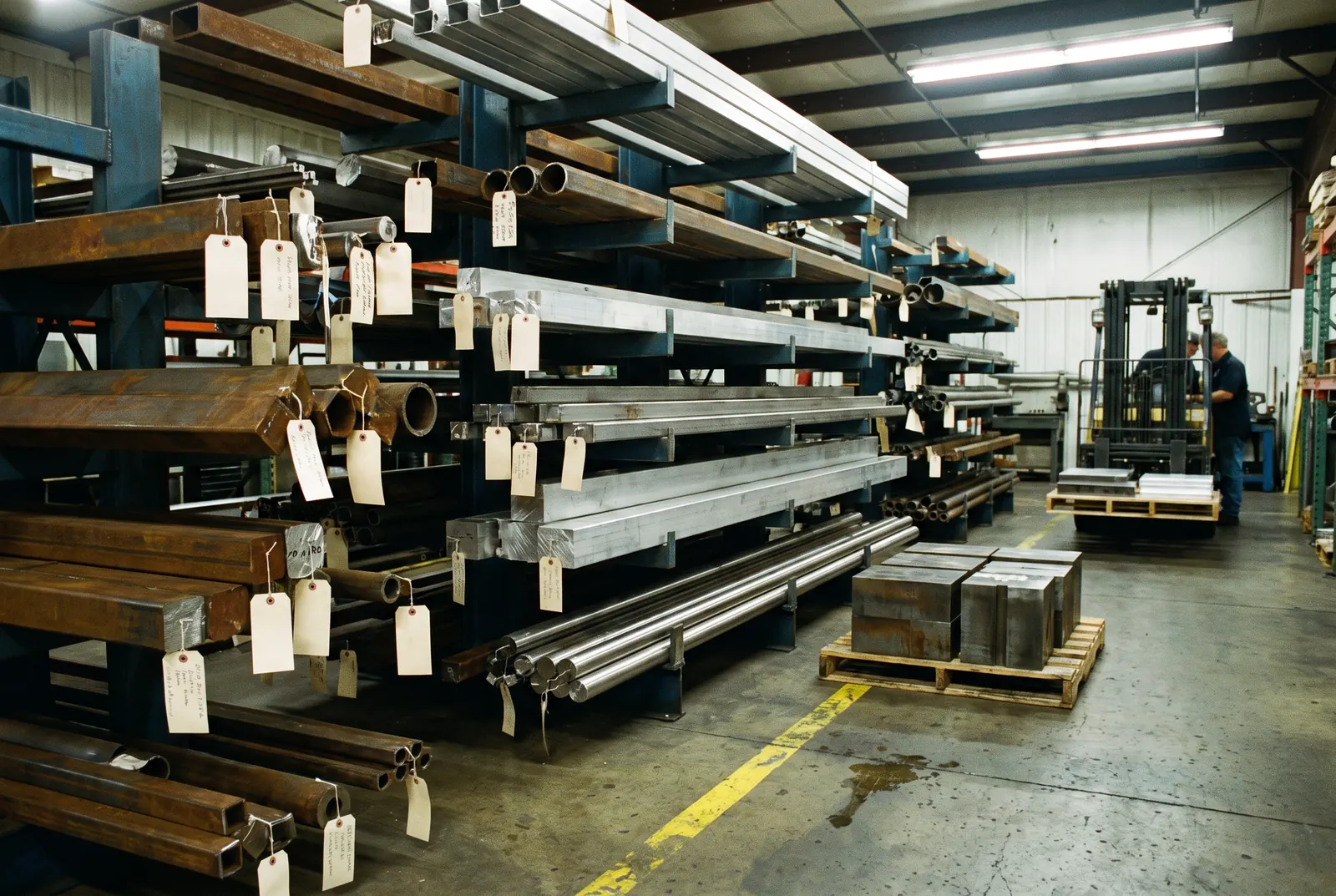 Aire de stockage de matière : barres et plaques d'acier, d'inox et d'aluminium avec étiquettes de coulée et classeur de certificats d'usine